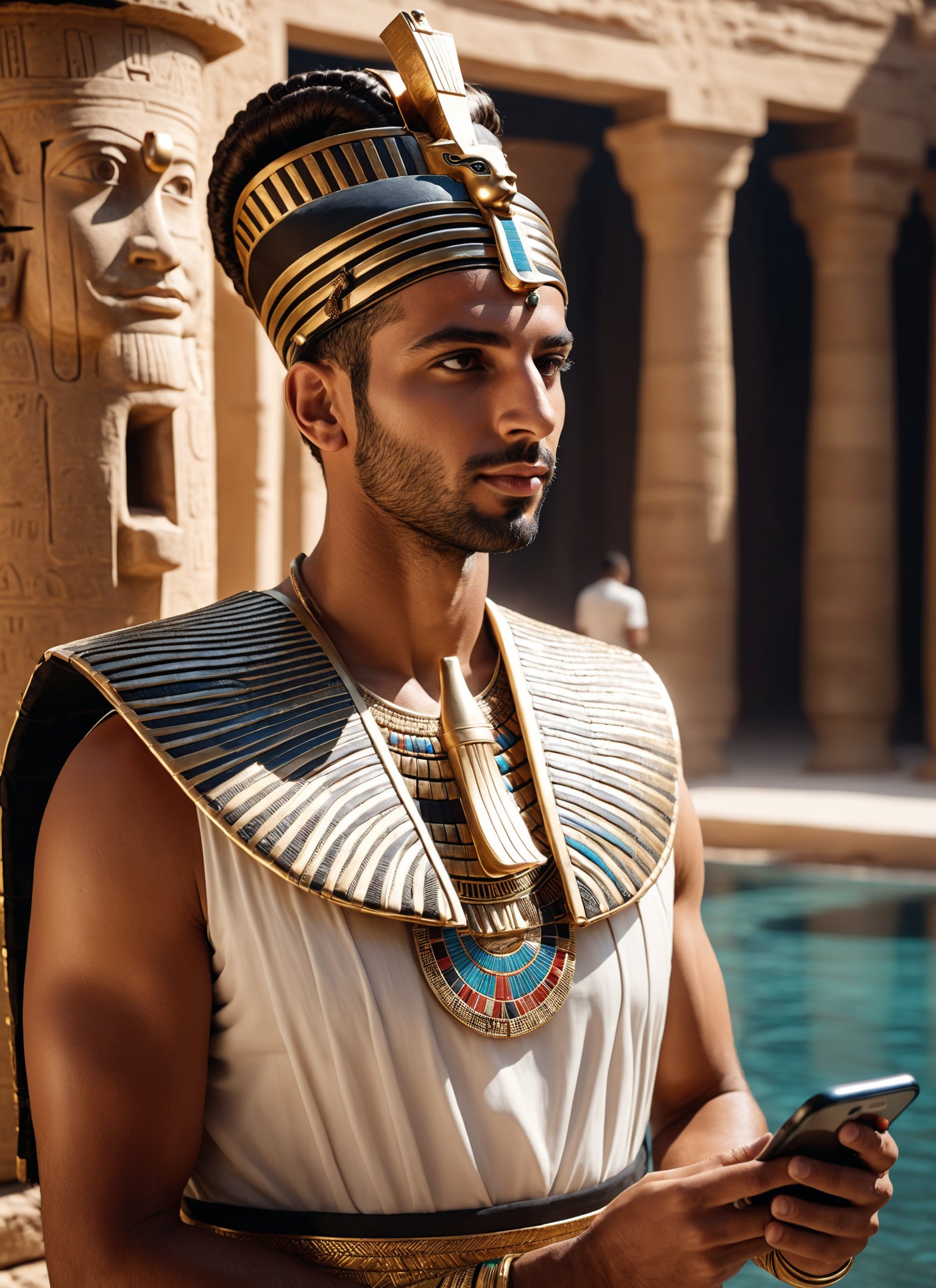 cinematic still zoom Shot professional photorealism, (Male Engineer:1.3), (Pharaoh's Egyptian Regalia:1.2), Braided Bun, Holding a Smartphone, Hidden Water Springs, (Busy background:1.2), Volumetric real-time lighting and shadows, Captured with a high-end camera for best hyperrealistic quality, 8k raw photography . emotional, harmonious, vignette, highly detailed, high budget, bokeh, cinemascope, moody, epic, gorgeous, film grain, grainy