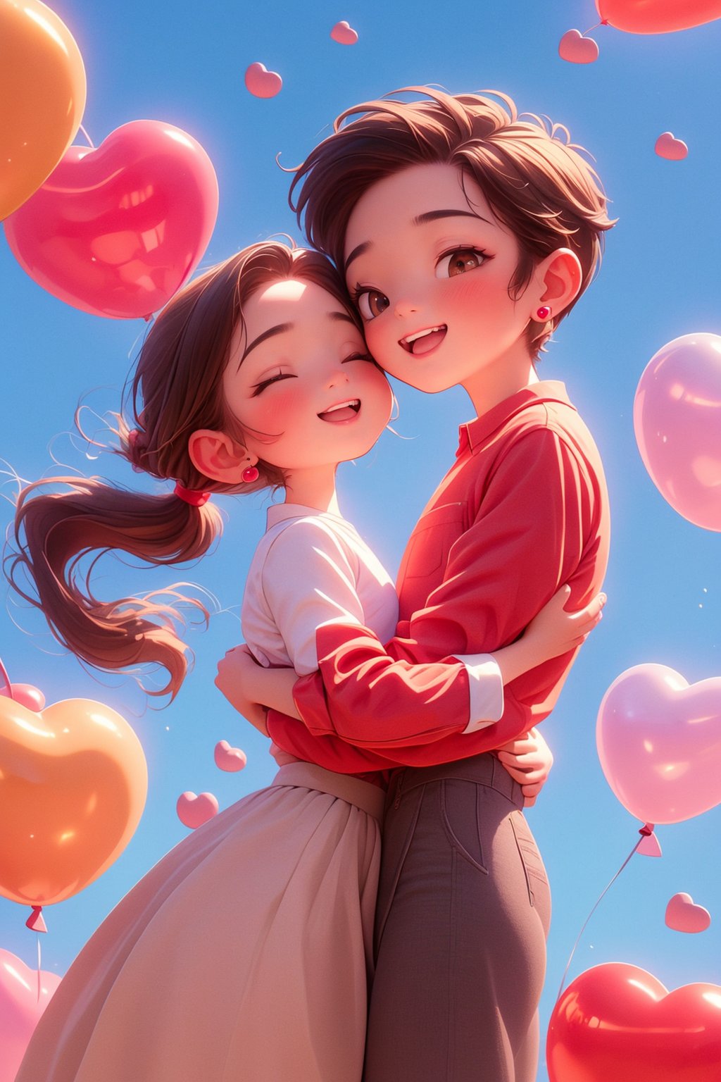 masterpiece,best quality,1girl, blush, smile, open_mouth, skirt, brown_hair, shirt, 1boy, dress, brown_eyes, jewelry, ponytail, hetero, heart, earrings, one_eye_closed, pants, plaid, hug, couple, child, female_child, balloon, cheek-to-cheek, heart_balloon