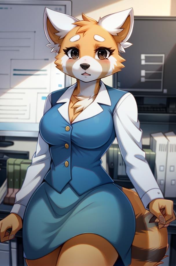 1girl, RetsukoCzar, (two-toned fur, orange fur, black eyes, whiskers, animal ears, racoon tail, striped tail, snout), (blue skirt, white long-sleeved shirt, blue vest, office lady), (interior, office), (masterpiece:1.2), hires, ultra-high resolution, 8K, high quality, (sharp focus:1.2), clean, crisp, cinematic, <lora:Retsuko-20:1>