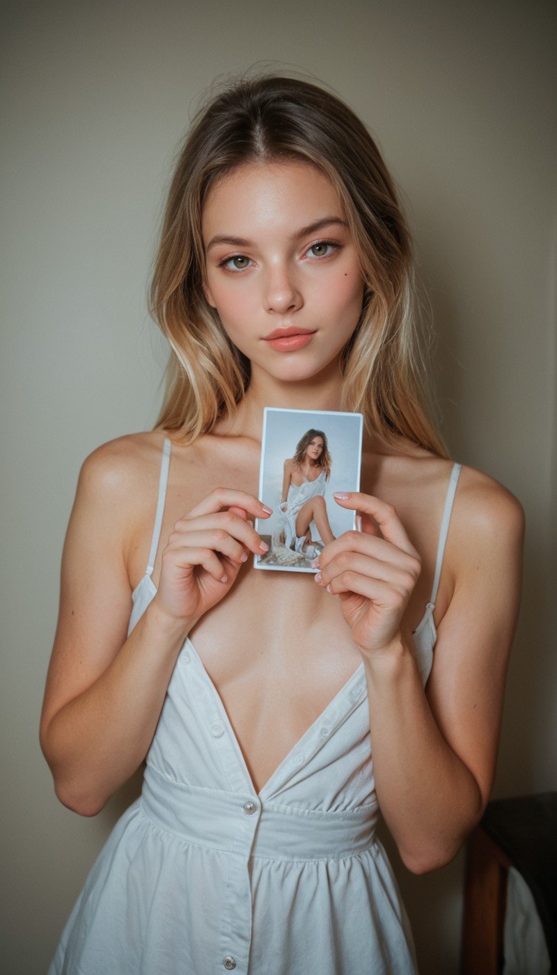 score_9, score_8_up, score_7_up, score_6_up, score_5_up, score_4_up, realistic, 1girl, posing, flirty, holding polaroid photo,