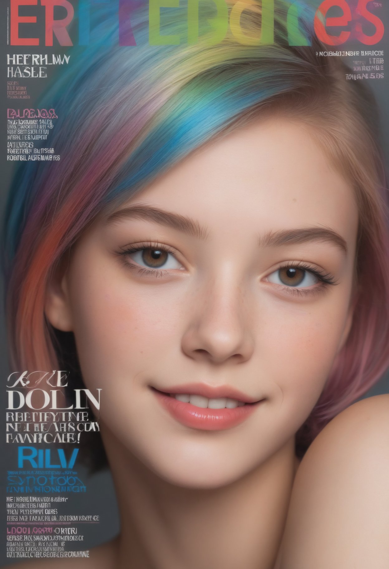 18 y.o france,beautiful lady,(freckles),big smile,brown hazel eyes,Short hair,rainbow color hair,dark makeup,hyperdetailed photography,soft light,head and shoulders portrait,cover,slender face,triangular face,blue eyes,magazine cover,super model,