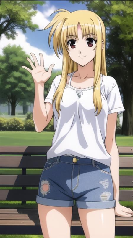 fate testarossa, 1girl, smile,halterneck, denim, waving, outdoors, park, park bench, <lora:nanoha-strikers-fate-testarossa:0.9>