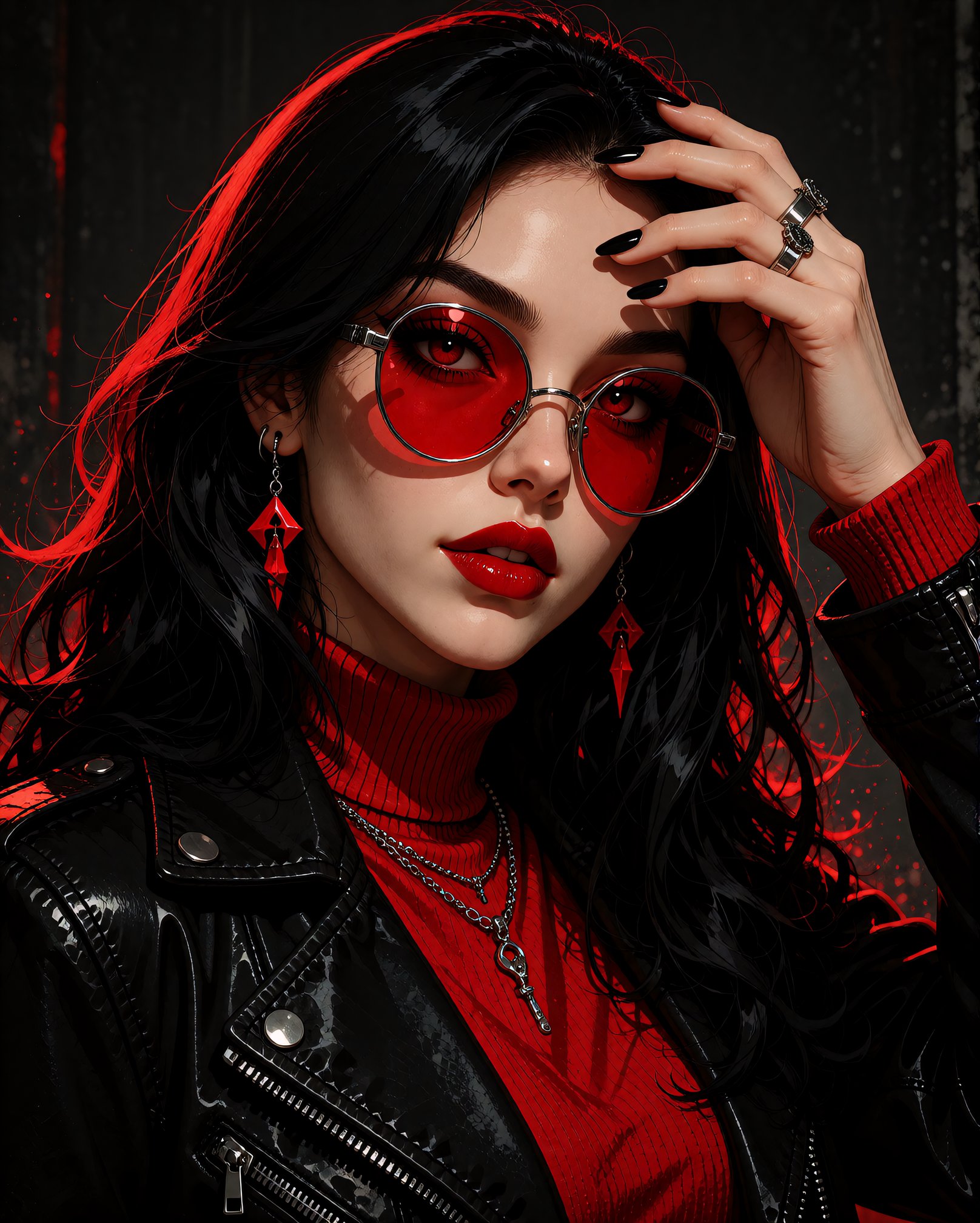 A highly detailed digital illustration of a woman with long,  wavy black hair,  striking red eyes by miaomiao on Tensor.Art