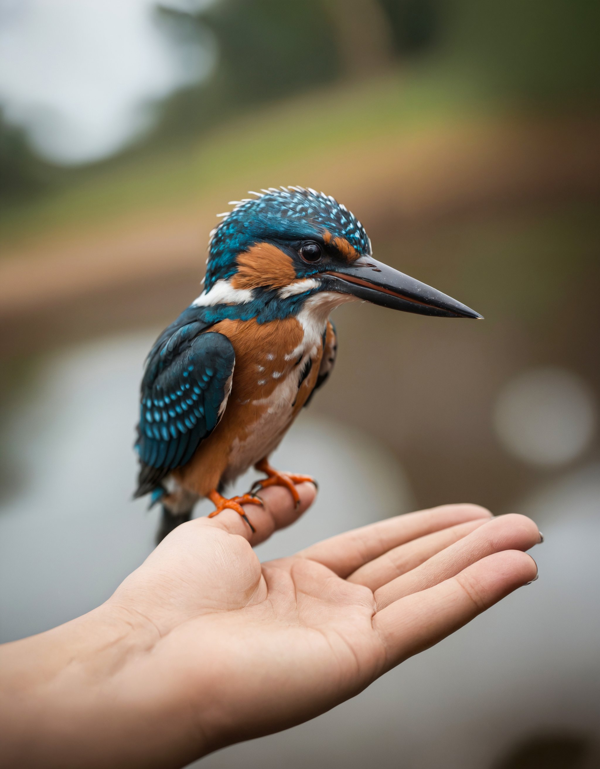 cinematic film still of a person holding a kingfisher in their hand, zavy-dtchngl, shallow depth of field, vignette, highly detailed, high budget, bokeh, cinemascope, moody, epic, gorgeous, film