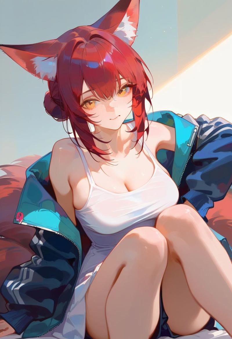 score_9, score_8_up,score_7_up, ultra detailed, absurd res, high res, extremely detailed, good quality, BREAK, 1girl, solo, red hair, bun hair, animal ears, fox ears,