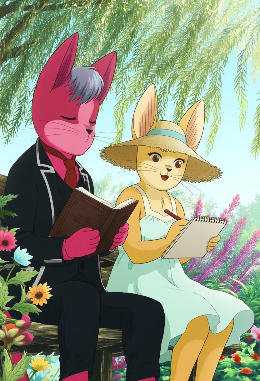 @bym_osakana,  bym osakana. A side-profile view captures a relaxing afternoon in a botanical garden,  rendered in a soft b...