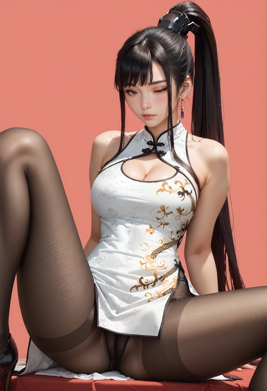 score_9,score_8_up,score_7_up,8k,hd,blush,red background,1girl,solo,black hair,high ponytail,very long hair,spread legs,,ruanyi0608,bare shoulders,black pantyhose,china dress,cleavage,side slit,white dress,<lora:0608 Stellar Blade (national color peony)_v1_pony:1>