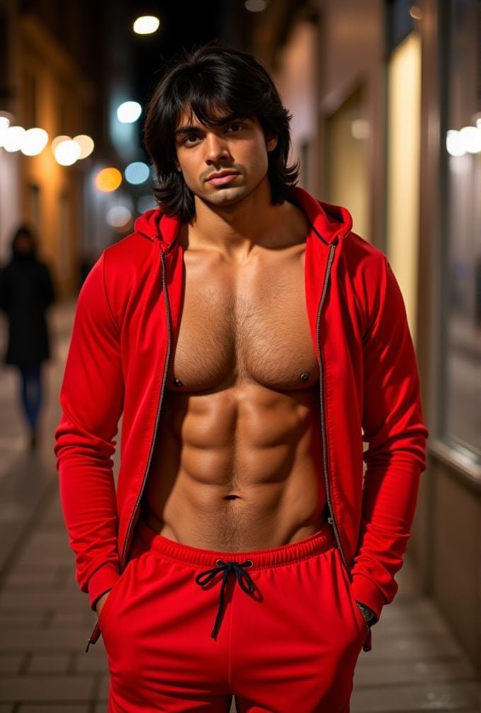 Neeraj Chopra ,  realistic photo in a worn ((skin-revealing skimpy erotic red tracksuit,  massive pecs)) by HottiesnHottie...