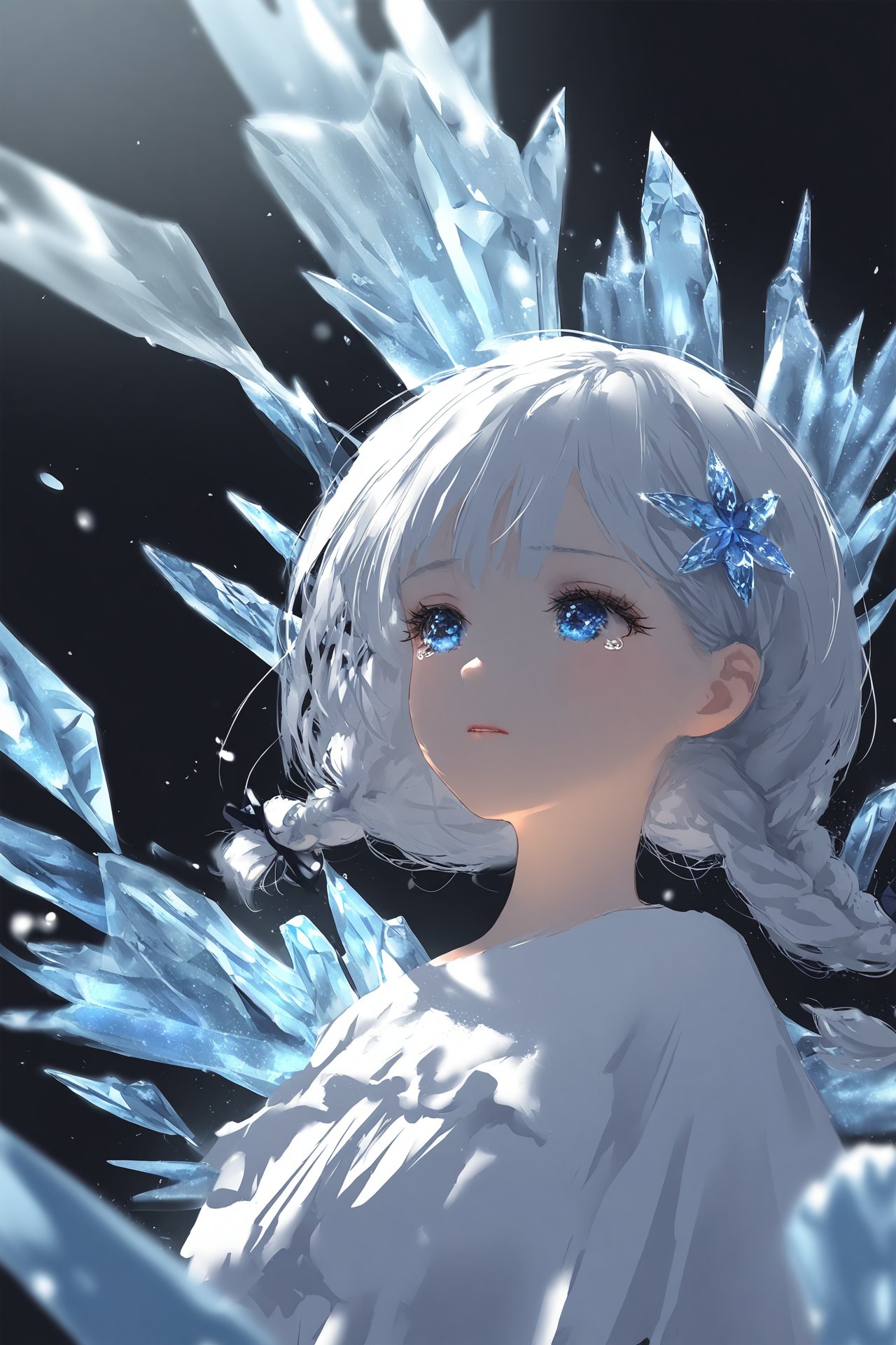 (masterpiece),(best quality),illustration,ultra detailed,hdr,Depth of field,(colorful),loli,wlop,1 girl,loli,White Dress,White short hair,braids,lily flower hair clip,upper body,cry,water,black background,Ice crystal,dappled sunlight,Suspended colorless crystal,beautiful detailed glow,(detailed ice),beautiful detailed water,