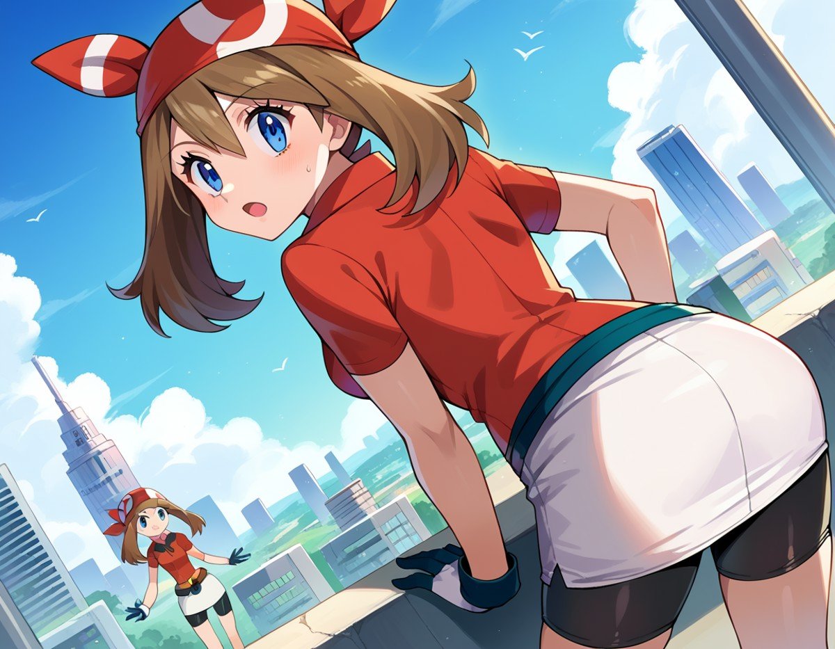 score_9, score_8_up, score_7_up, source_anime,pokemonmay, <lora:pokemon-may-ponyxl-lora-nochekaiser:1>pokemonmay, blue eyes, brown hair, bandana, long hair, red bandana, twintails, hair between eyes,bike shorts, collared shirt, gloves, microskirt, multicolored shirt, pencil skirt, red shirt, shirt, short sleeves, skirt, white skirt,outdoors, cityscape, bent over,looking at viewer, cowboy shot, dutch angle,