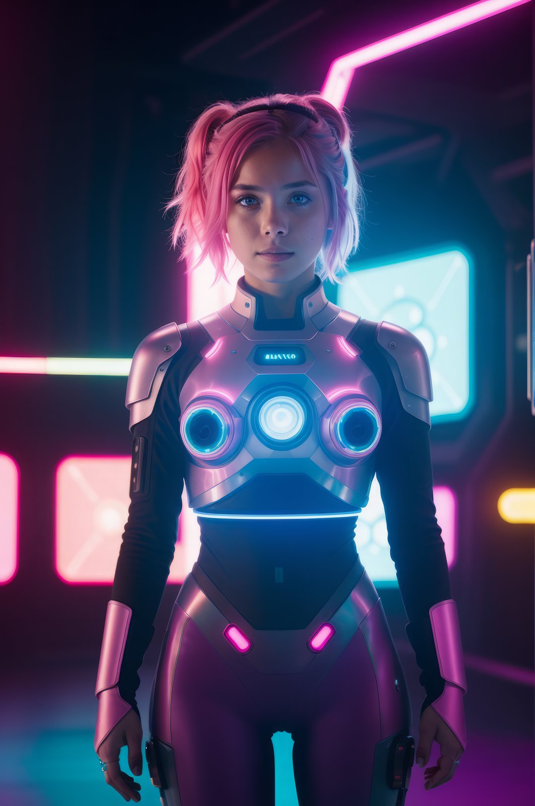 (Abstract:1.3) photo of a futuristic girl, with pink hair, interacting with holographic interfaces, full body framing, in a sci-fi inspired setting, under neon lighting, on a RED digital cinema camera, with a bokeh filter, (in the style of Hayao Miyazaki:1.3)