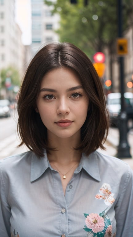 Portrait of a beautiful woman with dark hair, gray eyes, open floral Shirt, on the street.