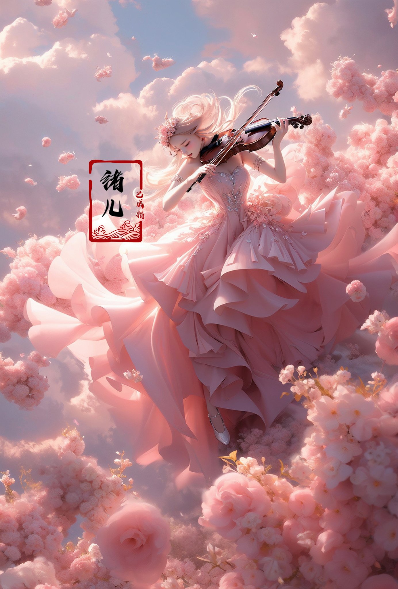 (A girl in a dress is in the air:1.3), playing a violin, (wide shot, wide-angle lens,Panoramic:1.2),super vista, super wide Angle，Low Angle shooting, super wide lens, blurry, blurry_background, blurry_foreground, depth_of_field, motion_blur,violin，bare shoulders，petals，pink dress，from below，blurry foreground， (Milky skin:1.4),(Closed eyes:1.3), (full body:1.5),(long legs:1.3), <lora:绪儿-小提琴 violin:0.8> 