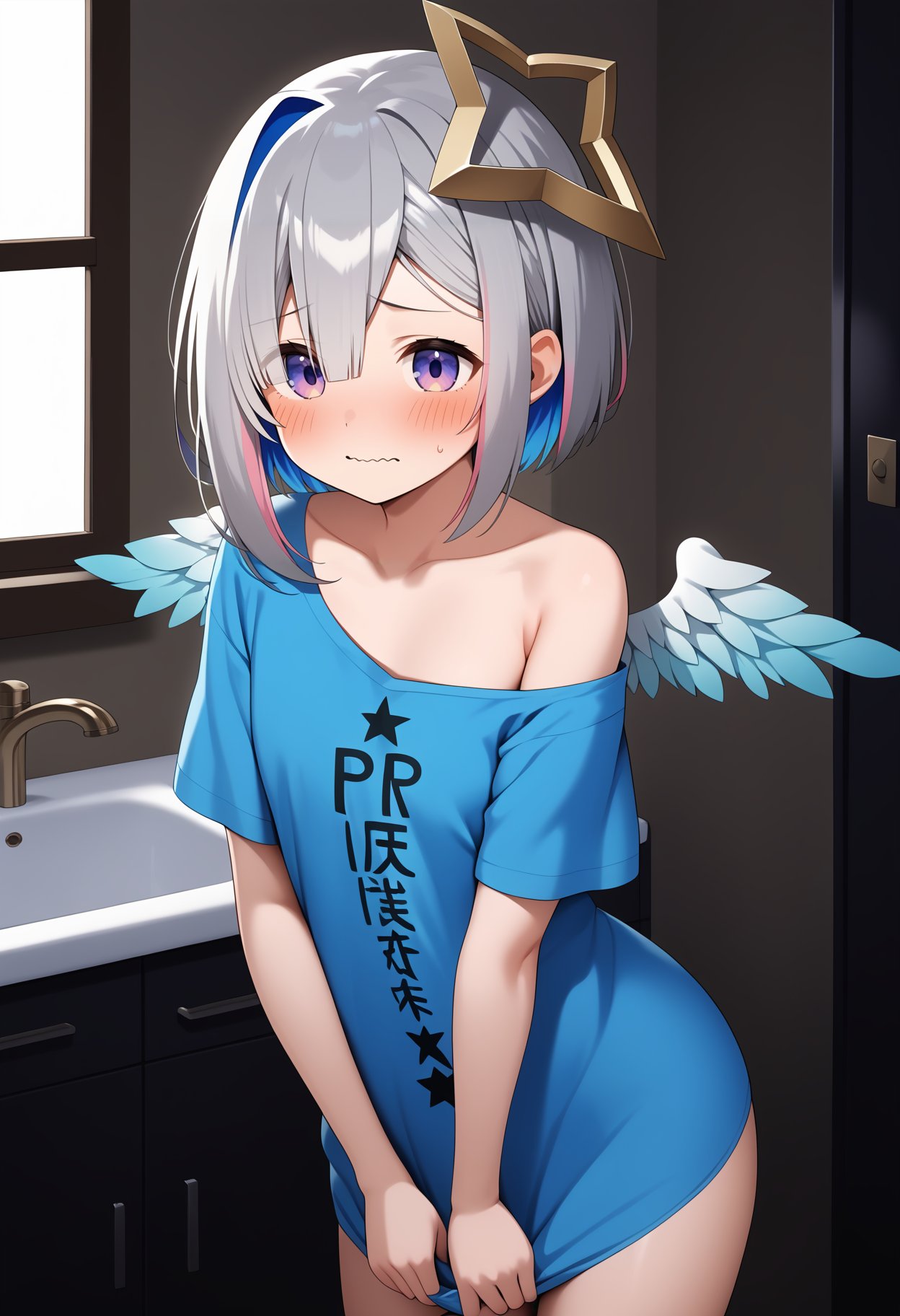 score_9, score_8_up, score_7_up, score_6_up, score_5_up, score_4_up, source_anime, aakanata, short hair, multicolored hair, grey hair, yellow halo, purple eyes, wings, collarbone, off shoulder, t-shirt, blue shirt, naked shirt, clothes writing, short sleeves, <lora:amane_kanata_ponyxl_v1:0.9>, indoors, embarrassed, blush, standing, cowboy shot, shirt tug, wavy mouth, 