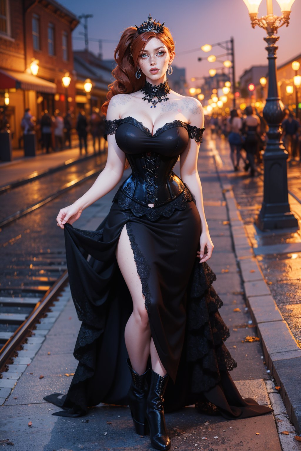 masterpiece, best quality, high quality, <lora:detail_slider_v4:3> <lora:age_slider_v2:3>   g0thdr3ss, dress, dip hem dress, gothic, white and black dress, highheels, ankle boots, lace train, dip hem, bare shoulders, corset dress, twintails, tiara, <lora:diphemg0thdr3ss:0.6>  <lora:Fr3ckles:1> Fr3ckles, freckles, ginger hair, solo,