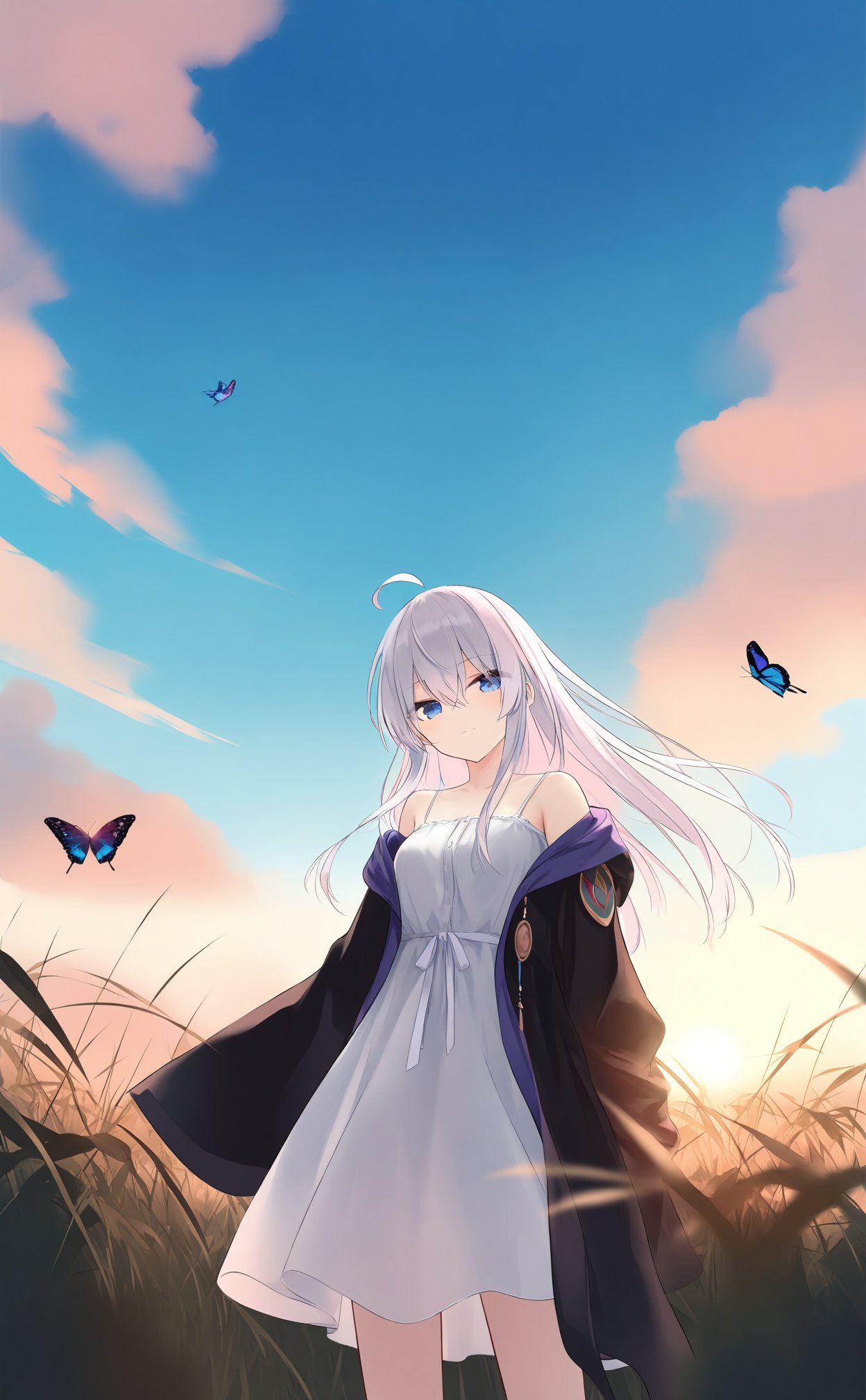 masterpiece,best quality,illustration,ultra detailed,hdr,Depth of field,(colorful),Artist azuuru,[[[Artist wlop]]],[Artist chen bin],[Artist omone hokoma agm],elaina \(majo no tabitabi\),solo,1girl,ahoge,outdoors,long hair,sky,cloud,hair between eyes,long sleeves,looking at viewer,butterfly,shirt,grey hair,black robe,bug,standing,dress,robe,off shoulder,open clothes,blue eyes,day,closed mouth,blue sky,