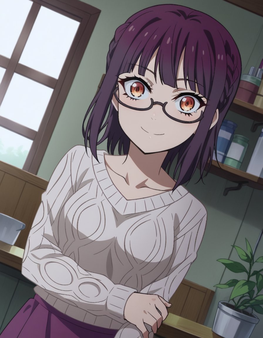 score_9, score_8_up, score_7_up, source_anime,sumikafujimiya, <lora:sumika-fujimiya-s1-ponyxl-lora-nochekaiser:1>,sumika fujimiya, brown eyes, purple hair, braid, glasses, semi-rimless eyewear, under-rim eyewear,sweater, long sleeves, collarbone, skirt, purple skirt,indoors, smile,looking at viewer, dutch angle, cowboy shot,