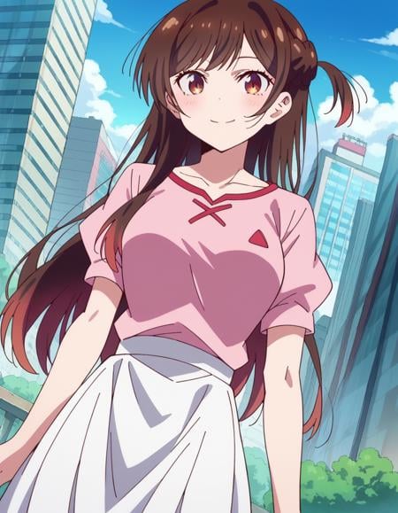 score_9, score_8_up, score_7_up, source_anime,chizuruichinose, <lora:chizuru-ichinose-s1-ponyxl-lora-nochekaiser:1>,chizuru ichinose, long hair, bangs, brown hair, brown eyes, one side up,skirt, shirt, short sleeves, puffy sleeves, puffy short sleeves, white skirt, pink shirt,outdoors, cityscape, smile,looking at viewer, cowboy shot, solo, dutch angle,