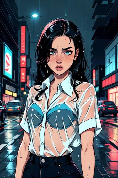 (flat colors), cartoonish, close-up image of a (wet) (Japanese:1.2) woman, standing on a (street at night), in the (rain:1.2), (pouting:1.2), (embarrassed), long straight jet black hair, (wet hair:1.2), wearing a wet button up (sheer white blouse), wearing (bra under wet shirt), natural breasts, small breasts, sweaty, (nose freckles:.8), buildings in the background, perfect eyes, (detailed eyes), sharp focus