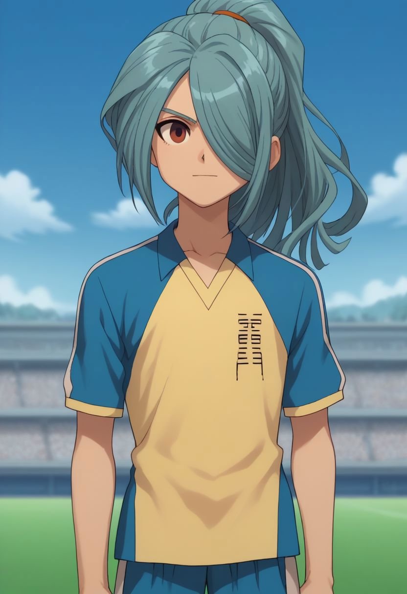 score_9, score_8_up, score_7_up, source_anime, highly detailed, slender, skinny, cute,nathan, 1boy, male focus, solo, hair over one eye, brown eyes, soccer uniform, sportswear,blue hair, ponytail, long hair,