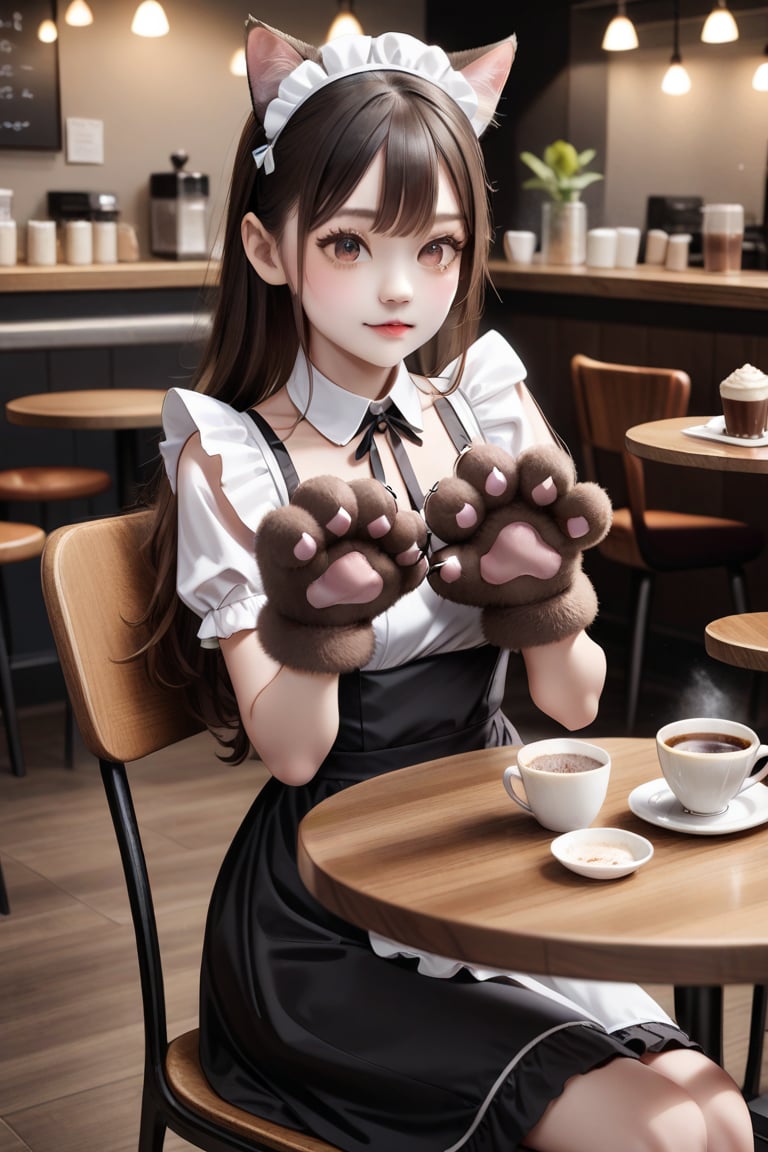 (photo real,realistic),particle effect,outfit,cocoa\(drink\),table,chair,sit,cat hands, maid dress with cat ears,pet pose,paws,dark brown hair,long hair,coffee shop,brown eyes,detailed eyes