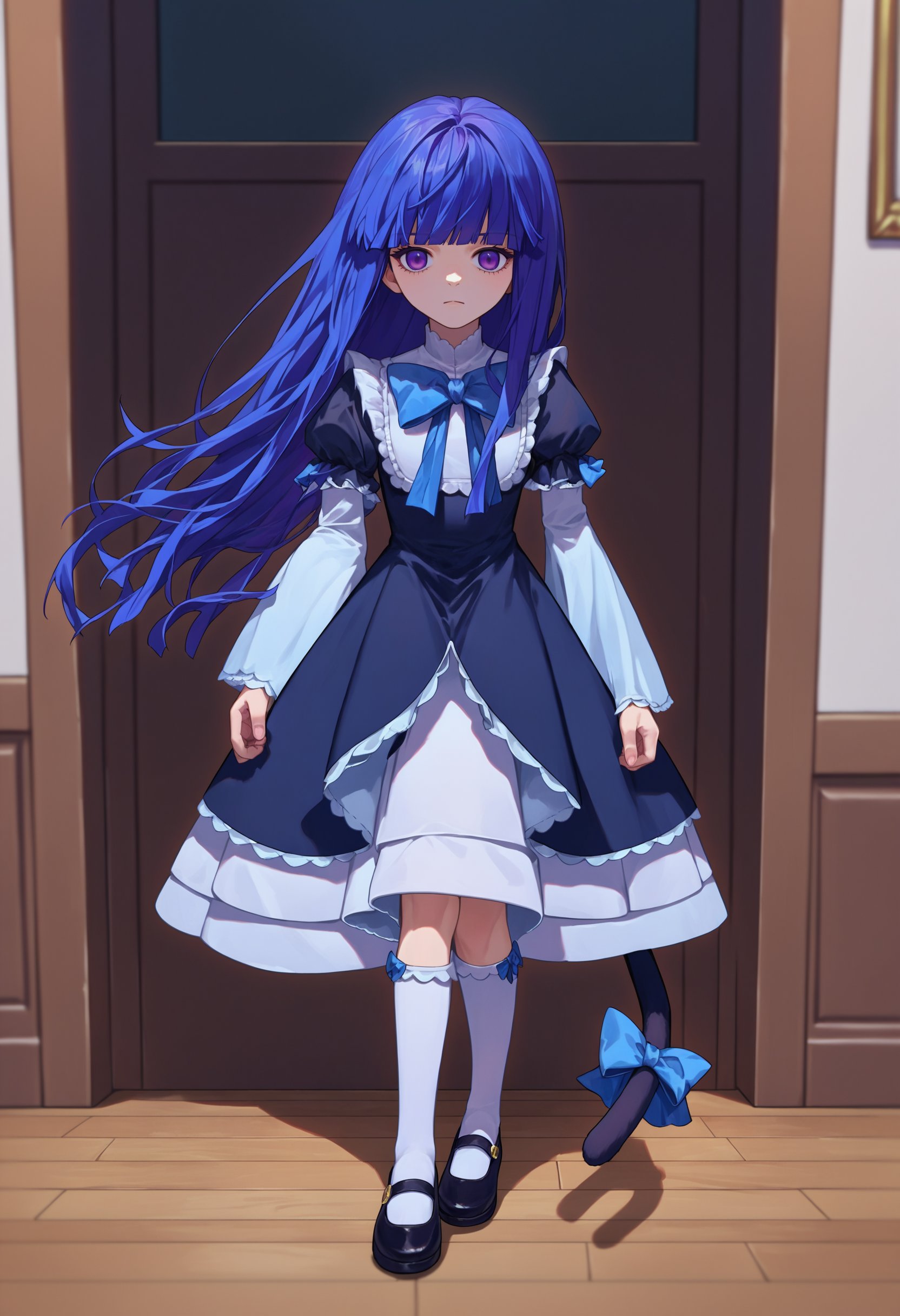 score_9, score_8_up, score_7_up, source_anime, 1girl, solo,   frederica bernkastel, long hair, blue hair, purple eyes, black dress, frills, blue bow, white socks, mary janes, cat tail,  <lora:BernCAMENoiise-000010:1> 