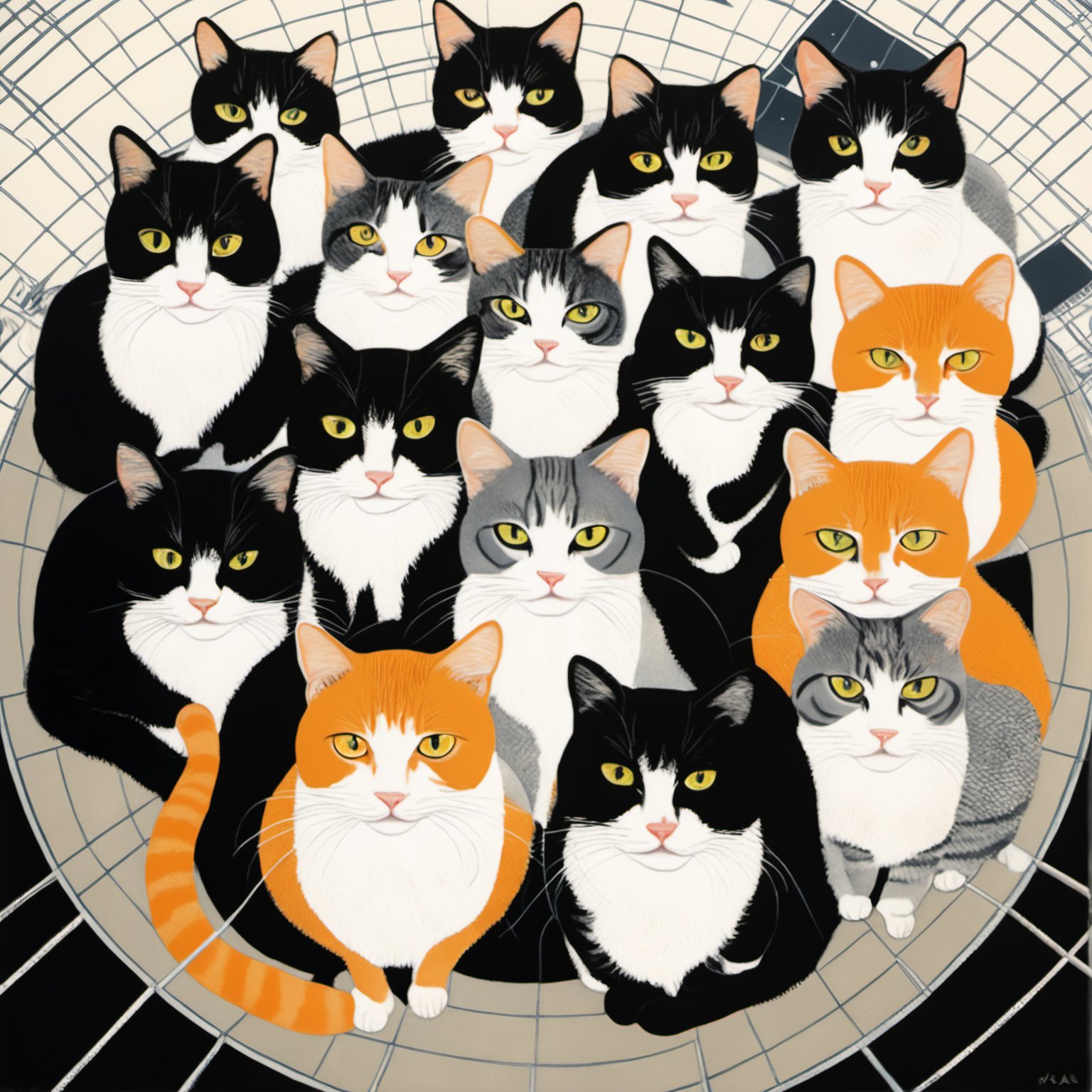 art by Jillian Tamaki, overhead angle of a multiple cats, inside a Solar power station, at Overcast, Energetic, aw0k cat