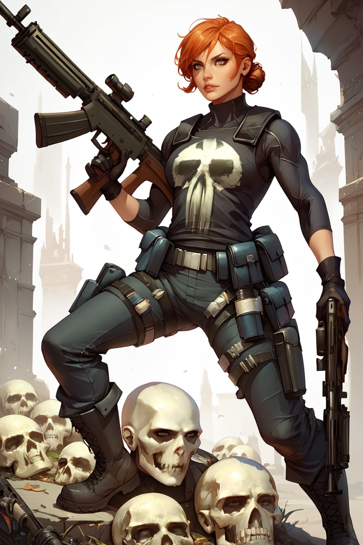 score_9, score_8_up, score_7_up, masterpiece, high quality <lora:Punisher Rachel Cole-AlvesPonyLora:1> 1girl, short hair, hair bun, skull, top with skull print, gloves, top, belt, pants, thigh holster, pouch, rifle, boots