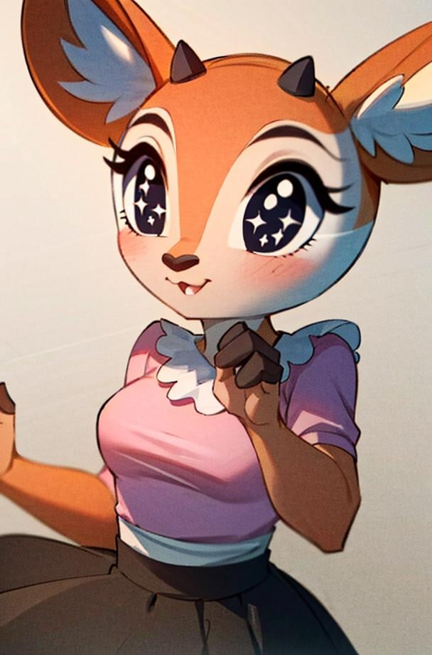 1girl, (anthro furry:1.2), TsunodaCzar, (big eyes:1.4, two-toned fur, orange fur, black eyes, deer ears, horns, snout), (pink blouse, black skirt), (interior, office), (masterpiece:1.2), hires, ultra-high resolution, 8K, high quality, (sharp focus:1.2), clean, crisp, cinematic, <lora:Tsunoda-10:1>