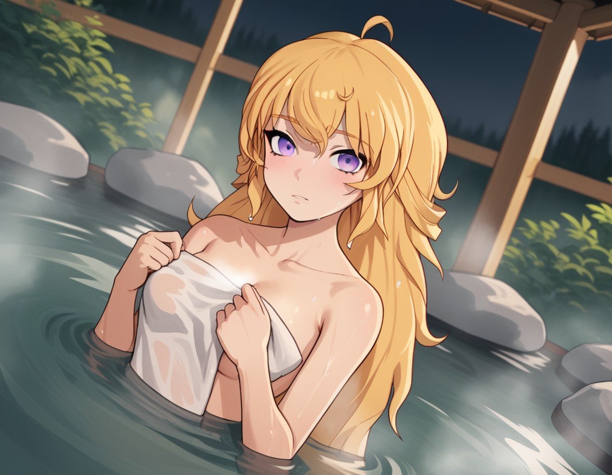 score_9, score_8_up, score_7_up, source_anime, <lora:yang-xiao-long-ponyxl-lora-nochekaiser:1>, yang xiao long, long hair, blonde hair, purple eyes, ahoge, bangs,, nude, naked, outdoors, onsen, towel, naked towel, steam, bathing, nude cover, partially submerged, water, bath, steam censor, wet towel, blush, looking at viewer, solo, cowboy shot, dutch angle