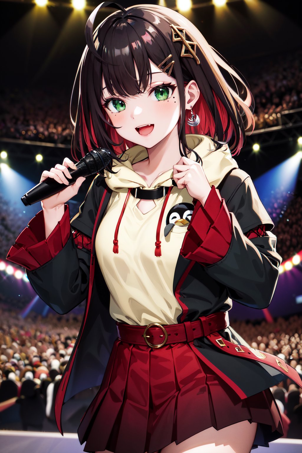 masterpiece, best quality, highres, aayui, medium hair, multicolored hair, hair ornament, ahoge, green eyes, mole under eye, earrings, collared shirt, hoodie, penguin, hood, black jacket, open clothes, long sleeves, belt, red skirt, pleated skirt, <lora:hizuki_yui_v1:0.7>, holding microphone, stage, singing, smile