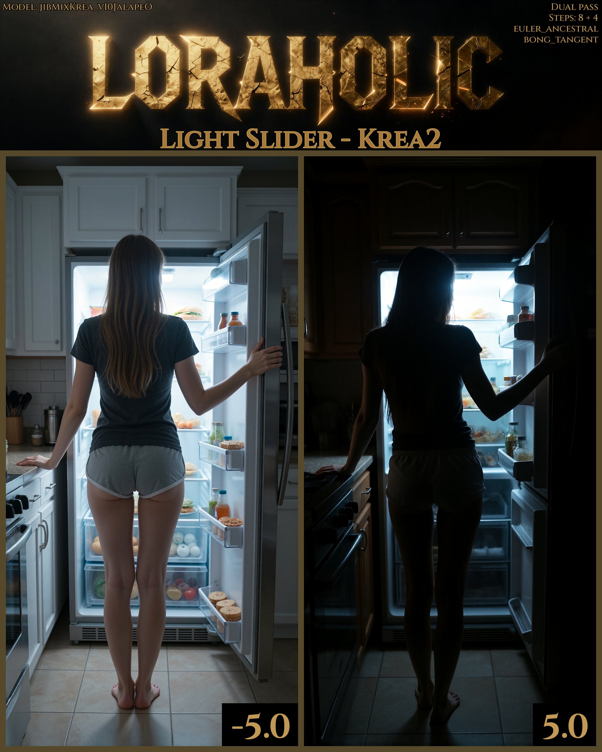 A full-body shot from behind of a young woman with long,  straight brown hair,  standing barefoot on the tiled floor of a...