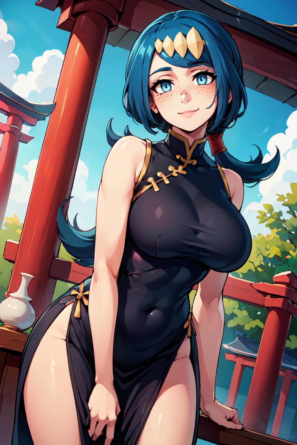 ((masterpiece,best quality)), absurdres,  BREAK,, <lora:Lanas_Mother_Pokemon:0.8>, zzLanasMother, blue hair, blue eyes, long hair, freckles, large breasts, hair ornament, , BREAK,  china dress, pelvic curtain, side slit, sleeveless, print dress, covered navel, no panties, outdoors, night, torii, shrine, east asian architecture, leaning forward, hand on own thigh, from above,, BREAK, solo, smile, looking at viewer, cowboy shot,