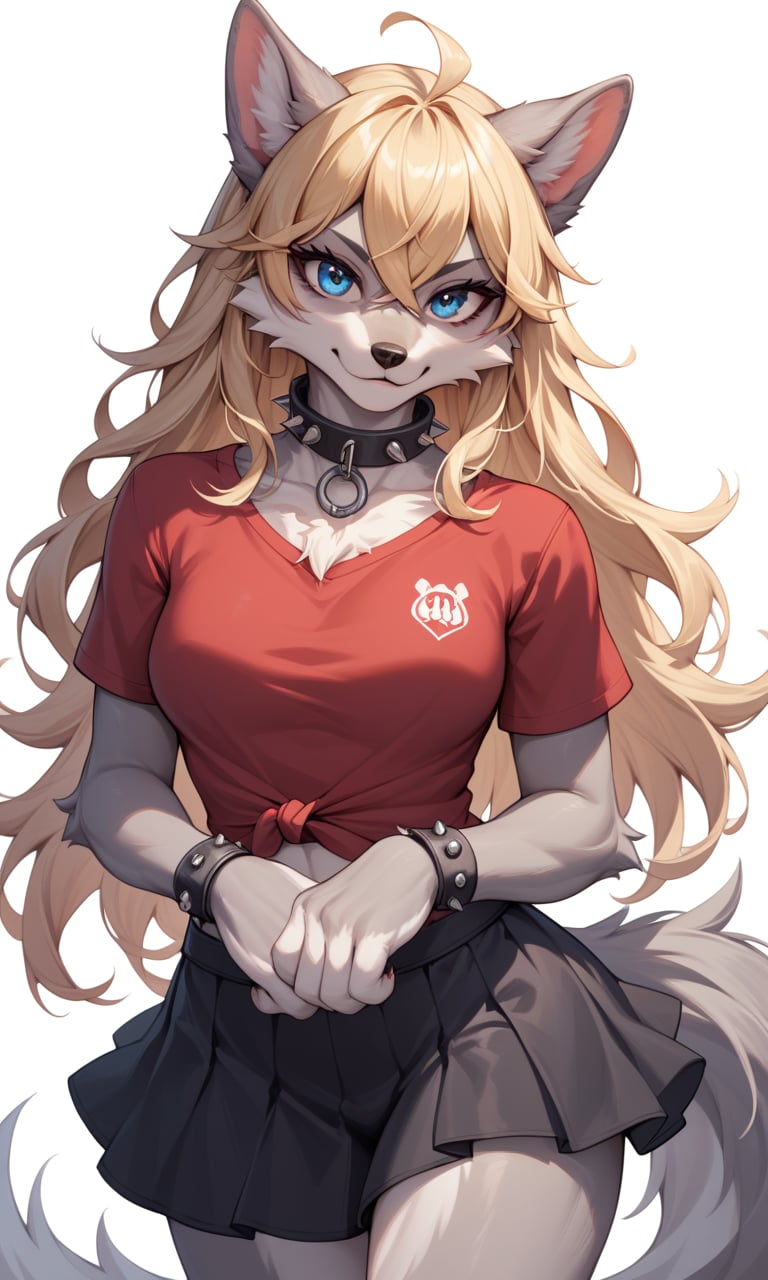 score_9, score_8_up, score_7_up, score_6_up, score_5_up, score_4_up, source_furry,BREAK,detailed face eyes and fur, wolf furry girl,blonde,long hair,looking at viewer,crossed bangs,blue eyes,high detail eyes, (red shirt)1.2,black skirt,(high detail grey fur)1.2,punk collar, fur paws, white background