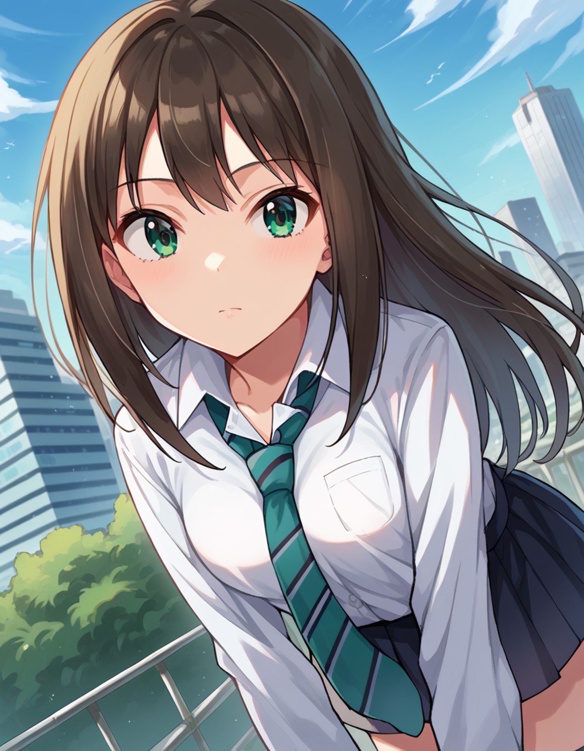 score_9, score_8_up, score_7_up, source_anime,rinshibuya, <lora:rin-shibuya-ponyxl-lora-nochekaiser:1>,rin shibuya, black hair, green eyes, long hair,black skirt, black socks, collared shirt, green necktie, kneehighs, long sleeves, miniskirt, necktie, pleated skirt, school uniform, shirt, skirt, socks, striped, striped necktie, white shirt, wing collar,outdoors, cityscape, bent over,looking at viewer, dutch angle, cowboy shot,