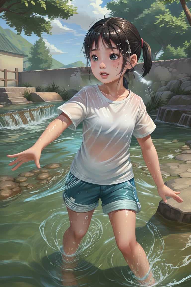 <lora:重返80年代_240816:0.8>,1girl,suneate,pondel,shorts,white t-shirt,play in the water,black hair,