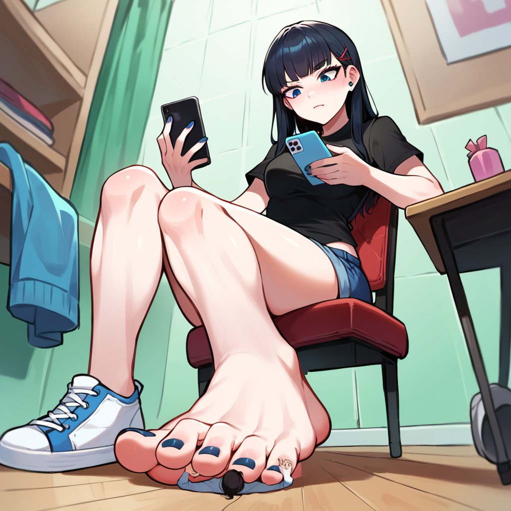 score_9, score_8_up, score_7_up,under_foot, <lora:underFoot50:1> BREAK  seated giantess steps on small woman,sitting in chair,both feet,black hair,barefoot,shirt,black shirt,phone,shoes,toenails,sitting,holding,holding phone,toenail_polish,toes,nail polish,cellphone,smartphone,shoes removed,indoors,short sleeves,sneakers,long hair,chair,looking at phone