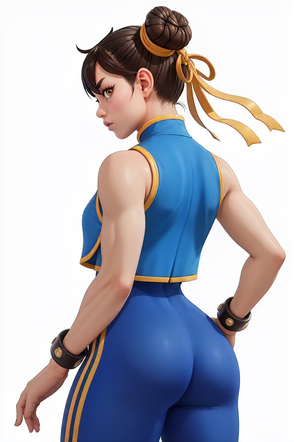 <lora:Alpha_Chunners-DEF:0.7> alphachun, solo, brown eyes, fortnite, back to viewer, ass focus, bodysuit, side stripes, vest, bracelets, double bun, ribbons, cowboy shot, white background, perfect, sharp, masterpiece, detailed, high resolution, best quality,