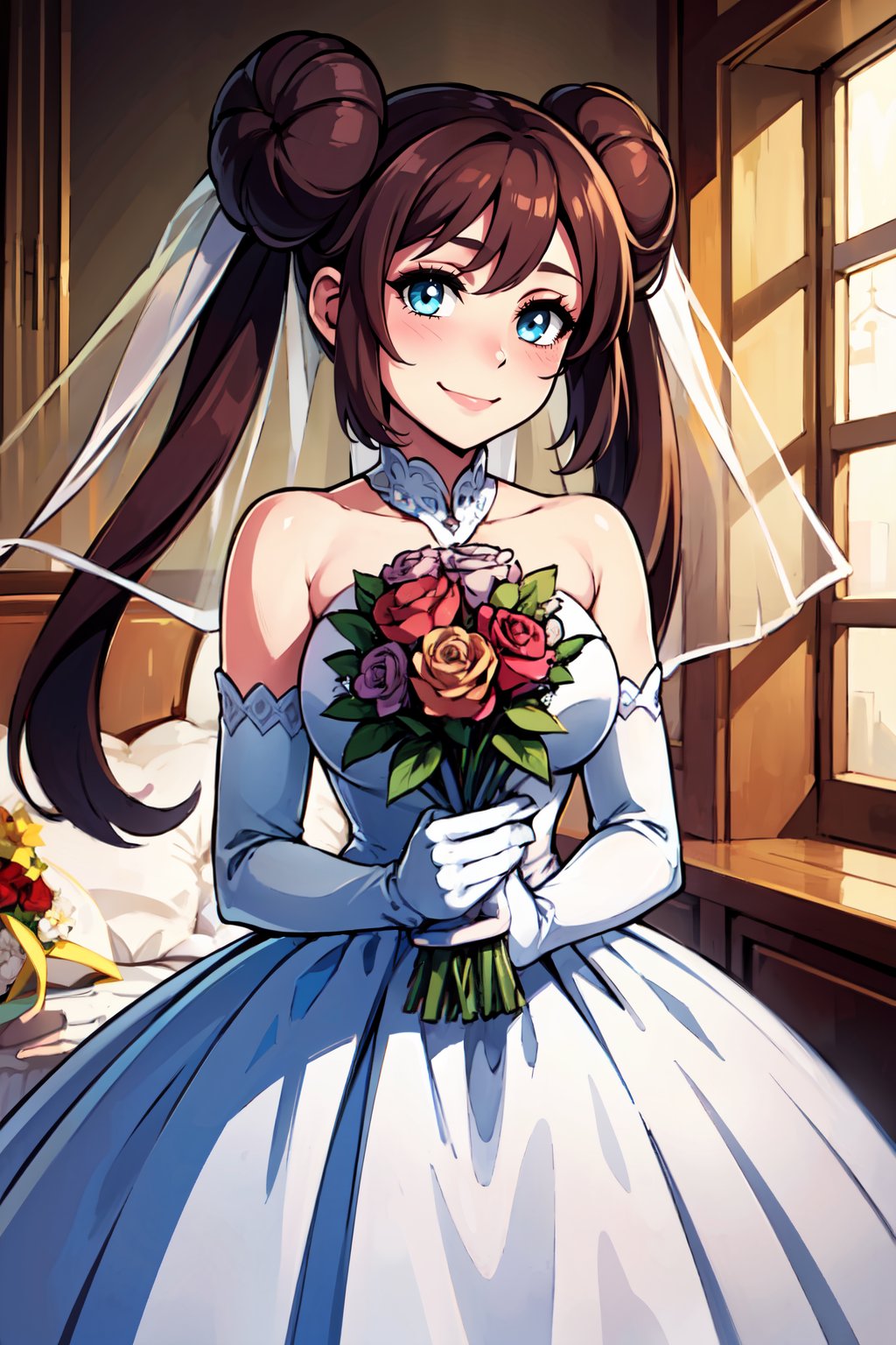 ((masterpiece,best quality)), absurdres,   <lora:Rosa_v5:0.7>,   zzRosa, hair bun, blue eyes, twintails,      bride, wedding dress, bridal veil, strapless dress, elbow gloves,  holding bouquet,   solo, smile, looking at viewer, cowboy shot,