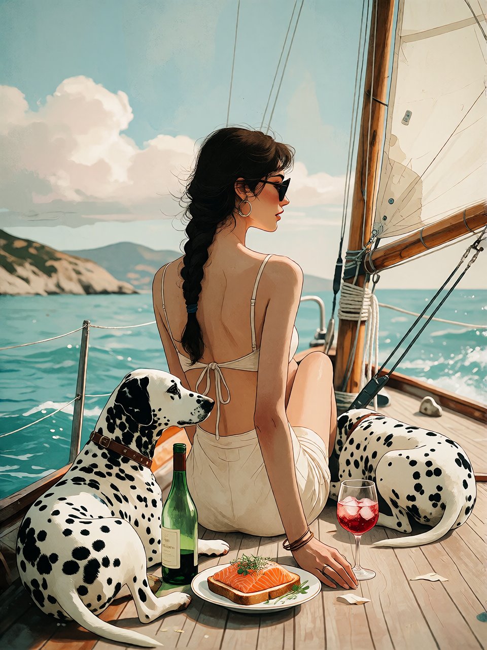 Bradhamel art style,  a woman with dark braided hair and sunglasses perched on her head sits barebacked on a wooden sailbo...