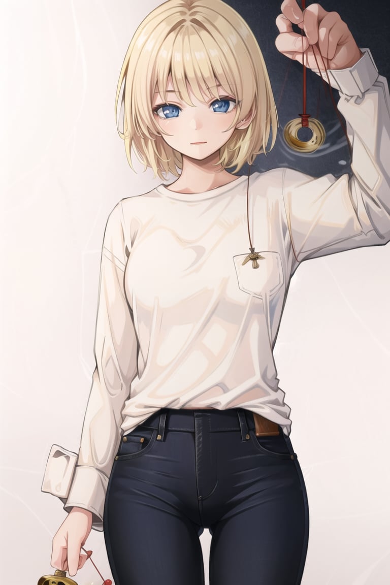 masterpiece, best quality, CG, wallpaper, HDR, high quality, high-definition, extremely detailed, hypnotizing viewer, holding pendulum, white shirt, jeans, blonde hair, short hair, blue eyes