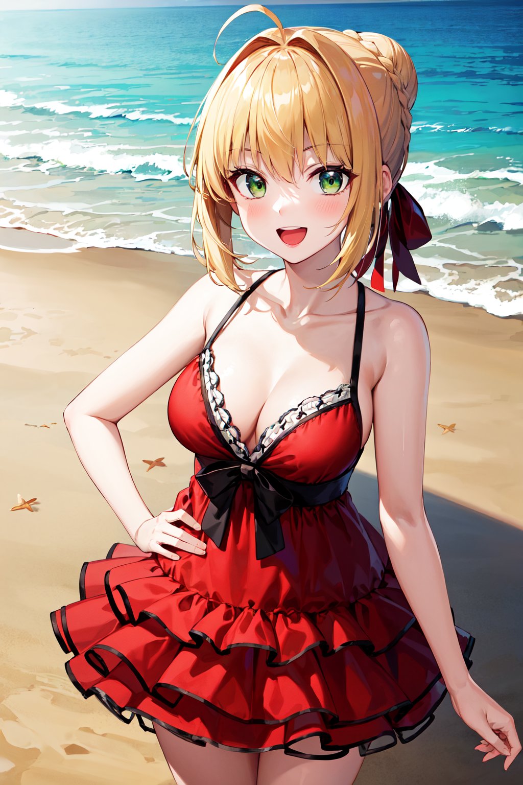 masterpiece, best quality, highres, aanero, ahoge, braid, single hair bun, hair ribbon, green eyes, medium breasts, collarbone, bare shoulders, dress swimsuit, sleeveless dress, short dress, layered dress, frilled dress, black bow, <lora:nero_claudius_(fate)_v1:0.7>, standing, cowboy shot, beach, smile, open mouth, hand on hip, 