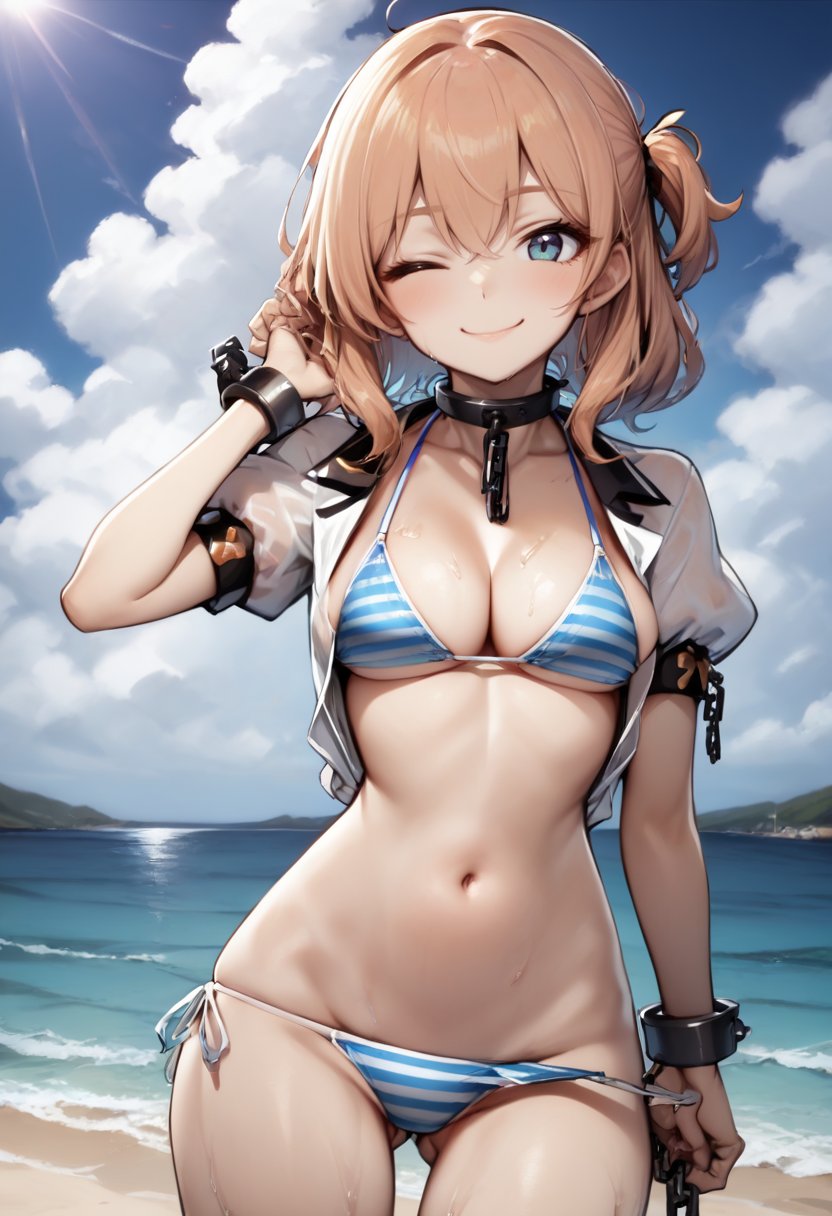 1girl, arm at side, arm behind back, ass visible through thighs, bare arms, bikini, bikini bottom only, blue sky, chain, cleavage, closed mouth, cloud, collarbone, cowboy shot, cuffs, day, hip focus, looking at viewer, ocean, outdoors, puffy short sleeves, puffy sleeves, shackles, shirt, shirt tug, short sleeves, sky, smile, solo, standing, striped, striped bikini, summer, swimsuit, water, 