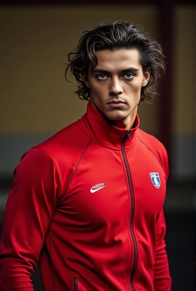 Thomas Ceccon ,  realistic photo in a worn ((skin-revealing skimpy erotic red tracksuit,  massive pecs)) by HottiesnHottie...