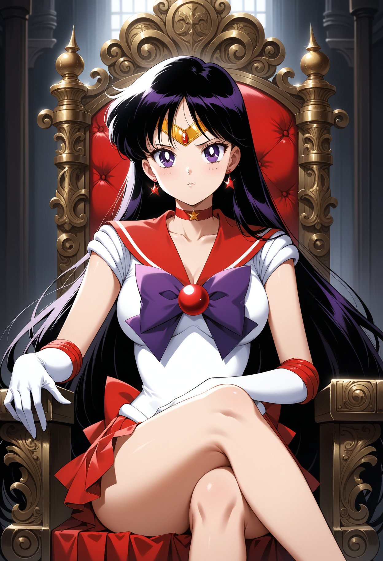 (masterpiece, best quality, very aesthetic, ultra detailed), intricate details, 4k, aamars, long hair, black hair, tiara, earrings, red choker, red sailor collar, purple bowtie, white shirt, elbow gloves, white gloves, pleated skirt, red skirt, bare legs, <lora:sailor_mars_animaginexl_v1:0.9>, sitting, throne, indoors, crossed legs