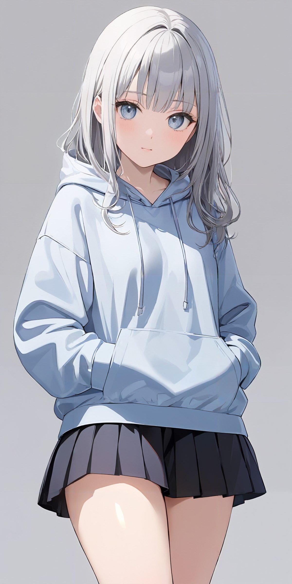 masterpiece,ultra-detailed,best quality,8K,illustration,cute face,clean skin ,shiny hair,girl,ultra-detailed-eyes,simple background, <lora:add-detail-xl:1> <lora:hoodie_XL_V1.0:1> jyojifuku, hoodie ,cowboy shot,thighs,skirt