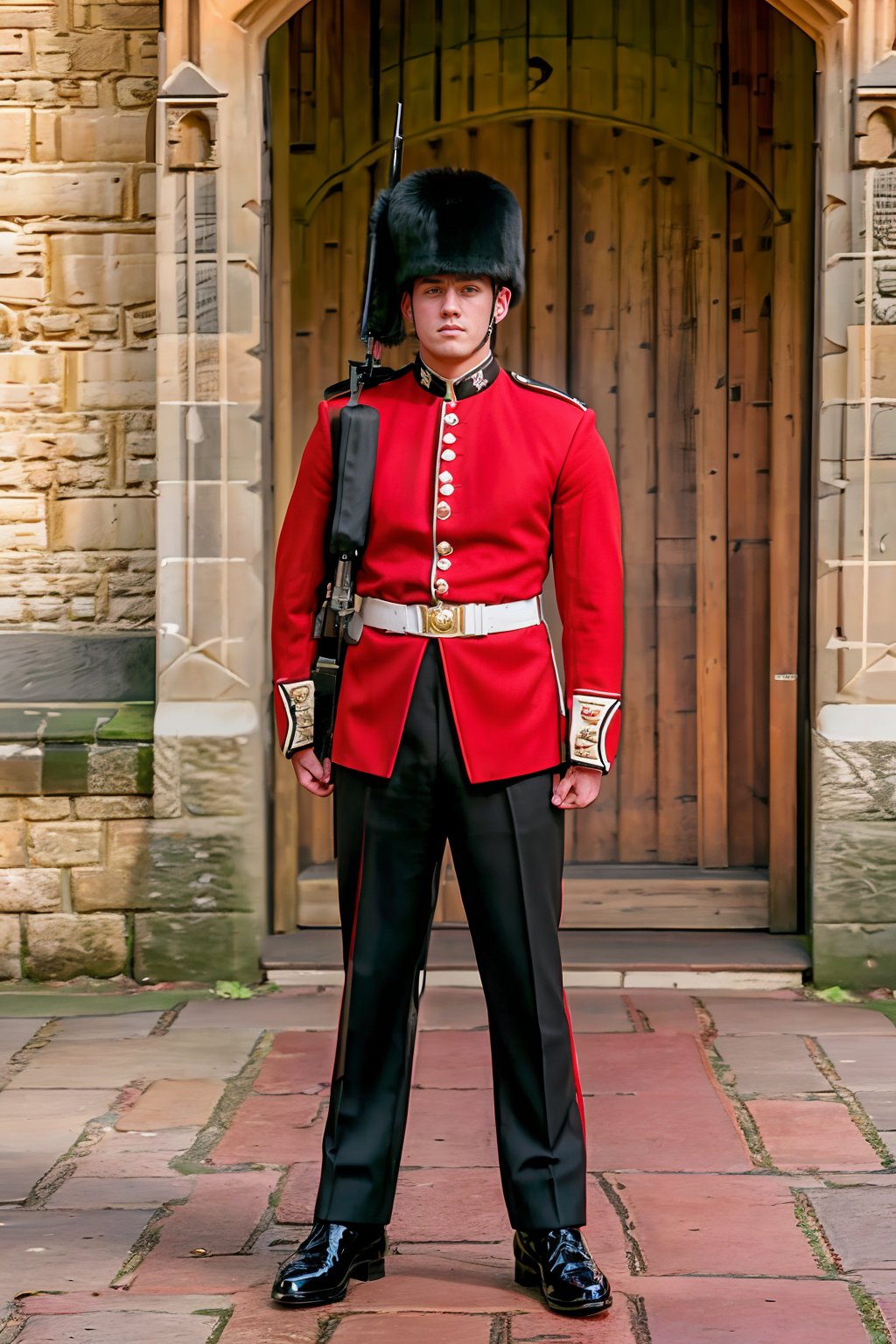 entrance gate to Windsor Castle in the background,  JohnnyB is a kings guard,  wearing kg_uniform by txhorn75 on Tensor.Art