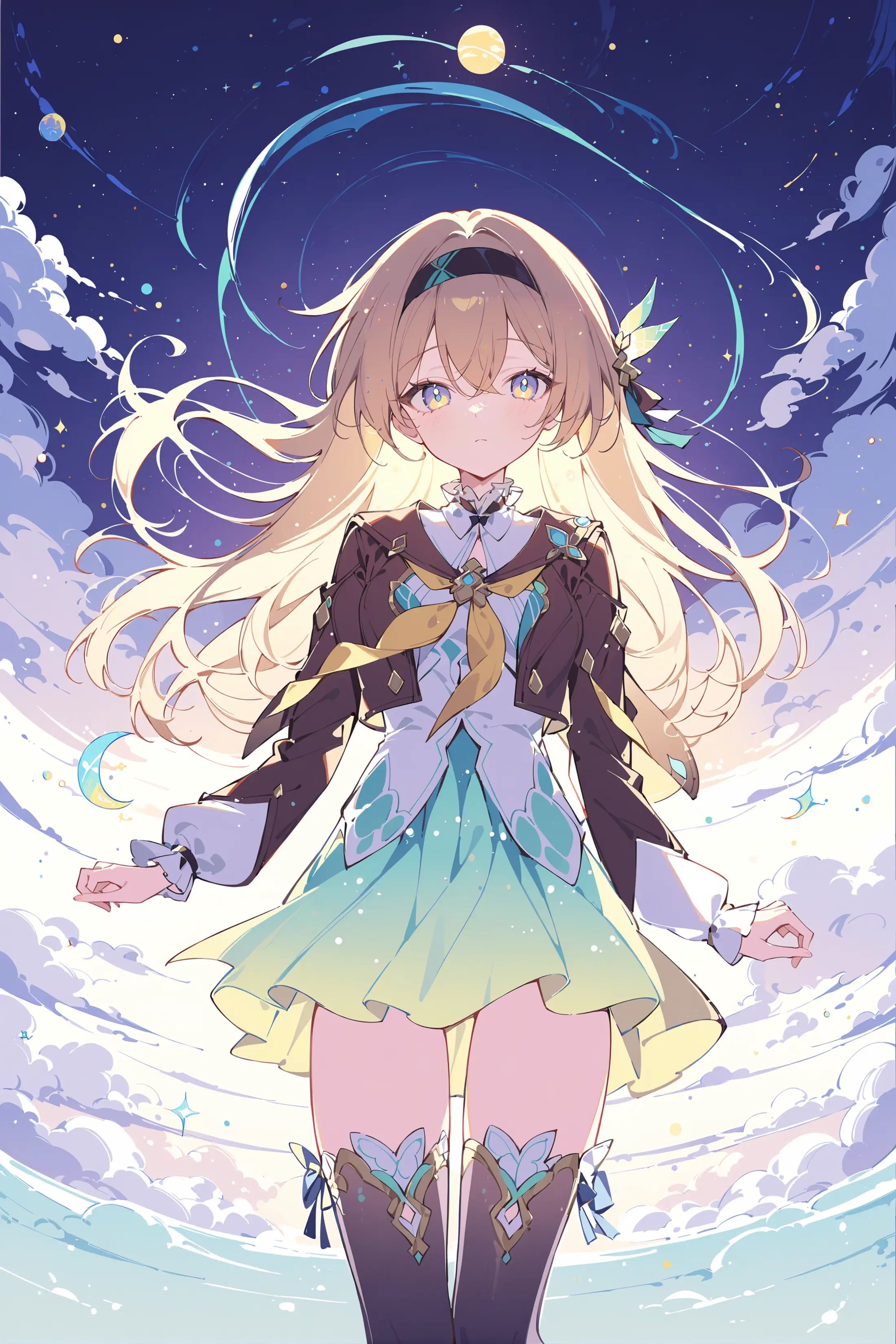 masterpiece, best quality, very aesthetic, ray tracing, newest,(hitenkei, askzy:0.5), 1girl, firefly \(honkai: star rail\), solo, black thighhighs, hairband, gradient skirt, hair ornament, blouse, long sleeves, frilled collar, cropped jacket, yellow neckerchief, flying, midair, cowboy shot, expressionless, looking at viewer, night, floating hair, planet, dreaming, cloud, backlighting, depth of field <lora:Char-HonkaiSR-Firefly-XL-V2:0.9>