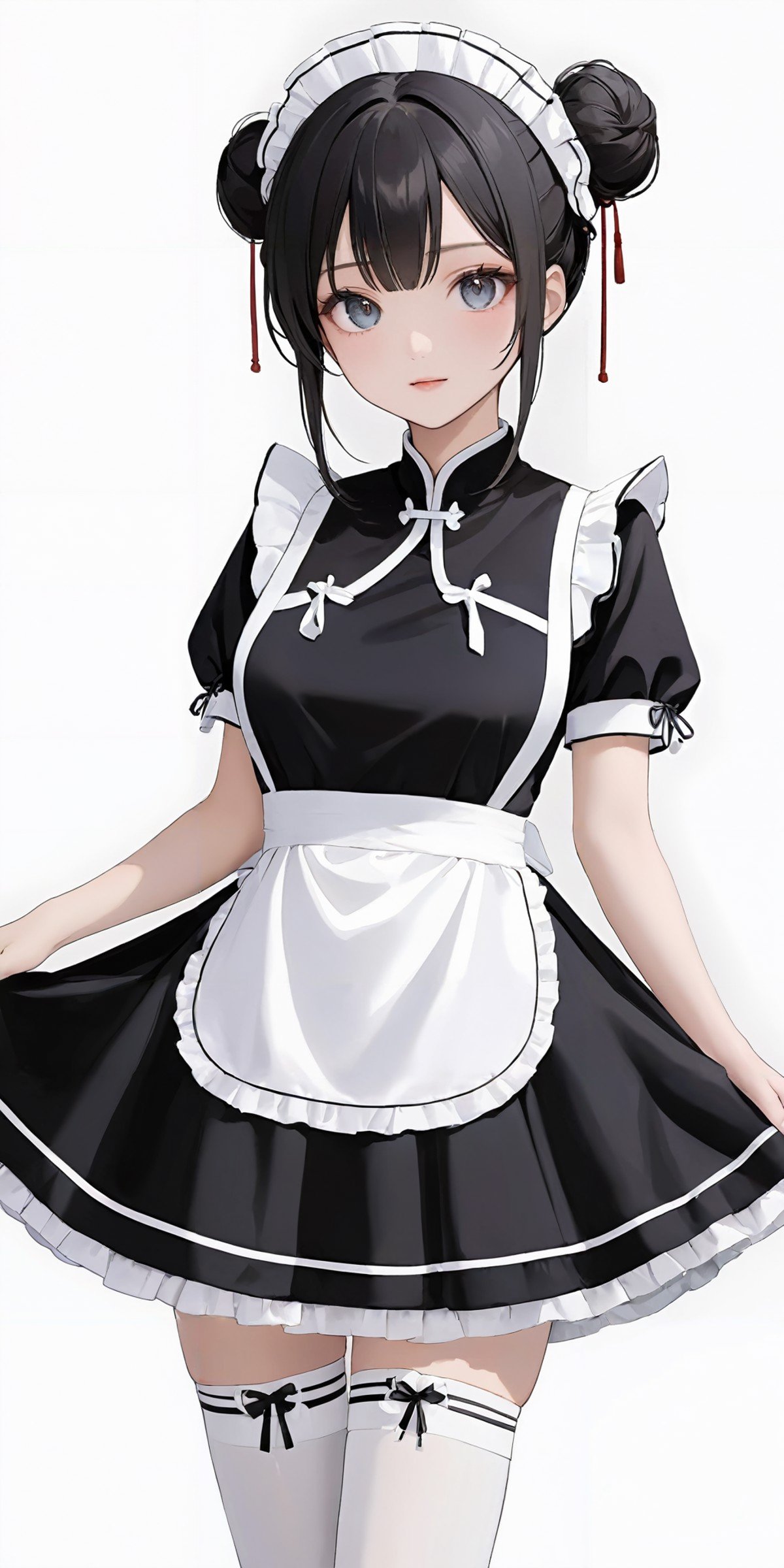 masterpiece,ultra-detailed,best quality,8K,illustration,cute face,clean skin ,shiny hair,girl,ultra-detailed-eyes,simple background, <lora:add-detail-xl:1>  <lora:china maid_XL_V1.0:0.9> china maid, jyojifuku, frills, double bun, thighhighs