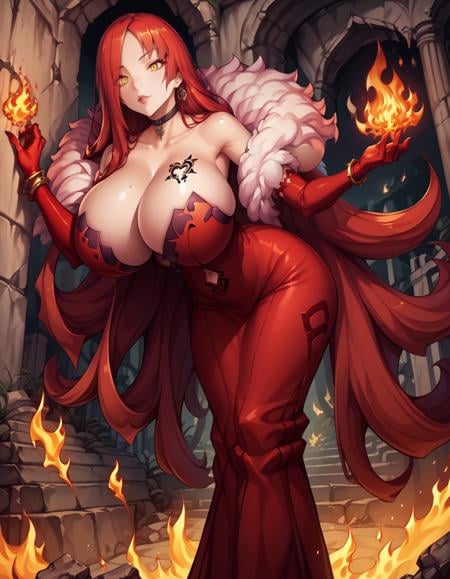 score_9, score_8_up, score_7_up,score_6_up, score_5_up, score_4_up , 1girl, solo, huge breasts, astarothdg,long hair, red hair, very long hair, yellow eyes,red dress, fur trim, bracelet, elbow gloves, choker,  breast tattoo, feather boa, side slit,from below,fire, magic,ruins, temple, forest,leaning forward, hanging breasts,  <lora:Astaroth  (PonyXL)-v01-000003:0.90>